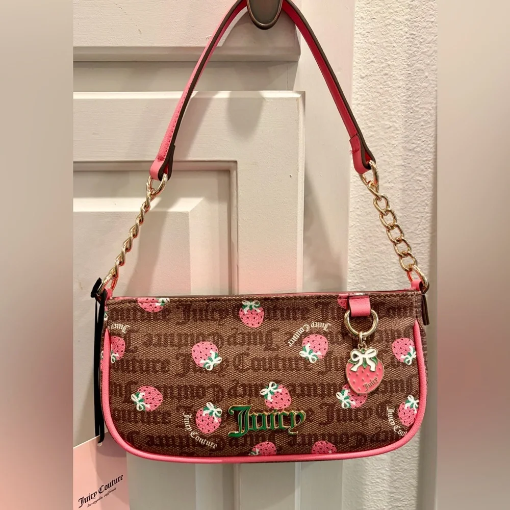 NWT JUICY COUTURE Pink Strawberry Print Shoulder Bag with 2 strawberry charm🍓 - Picture 4 of 13